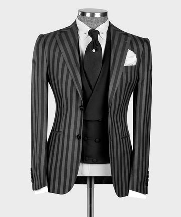 Wiaofellas Men's Suit 3 Pieces Blazer Vest Pants Peaked Lapel Single Breasted Tuxedo Wedding Groom Pinstripes Formal Tailored Costume Homme
